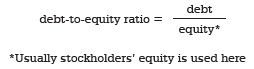 debt-to-equity ratio = debt ÷ equity* (*Usually stockholders’ equity is used here)