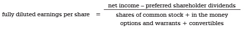 fully diluted earnings per share  =  (net income – preferred shareholder dividends) ÷ (shares of common stock + in-the-money options and warrants + convertibles)